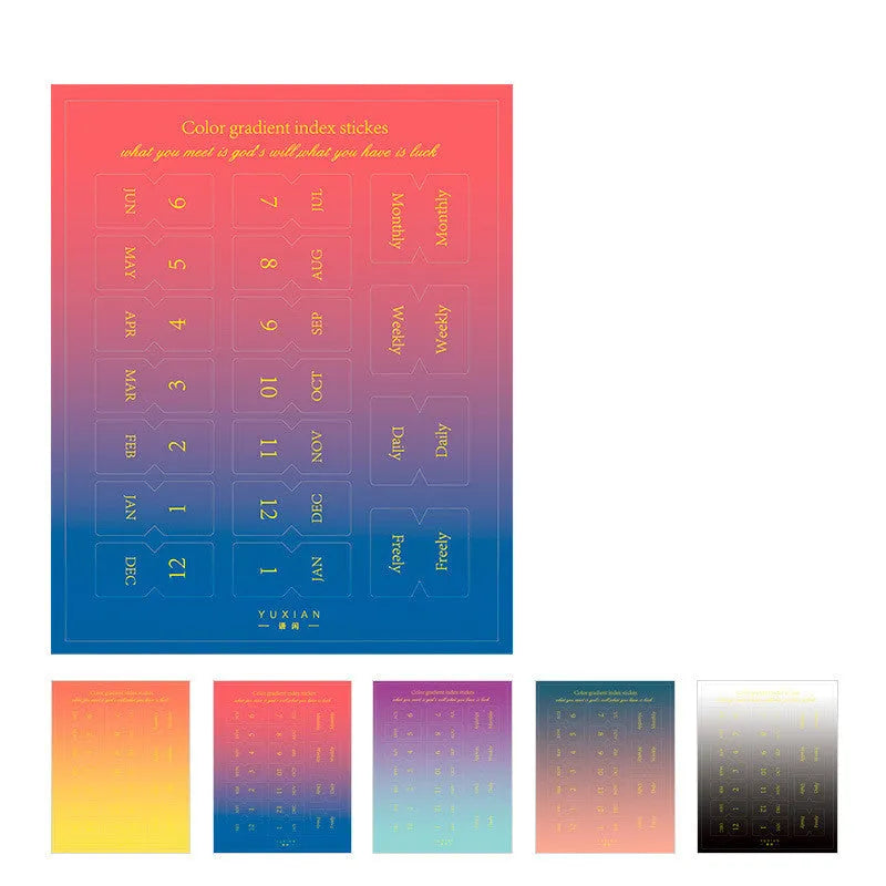 Yunmu Groceries Morandi gradient label sticker pack showing 10 sheets in Summer colour theme