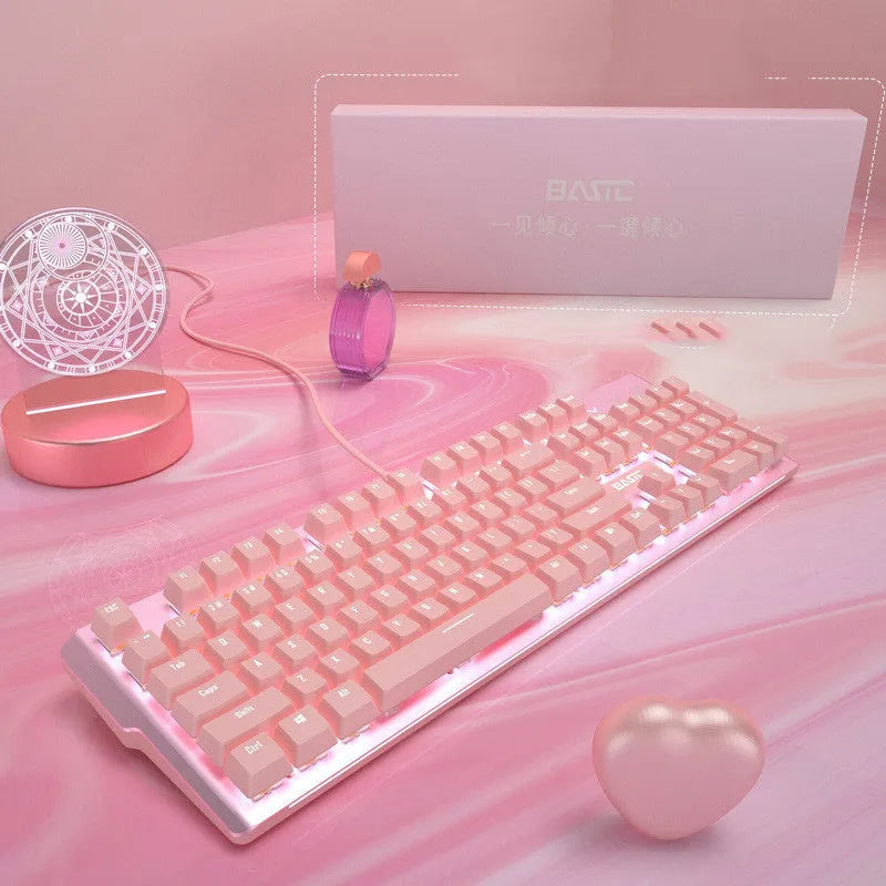 Pink mechanical gaming keyboard and wired mouse set with USB connectivity
