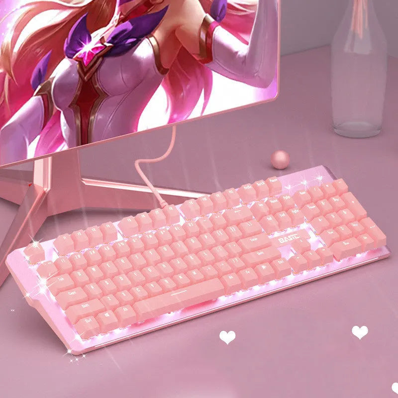 Pink mechanical gaming keyboard and wired mouse set with USB connectivity