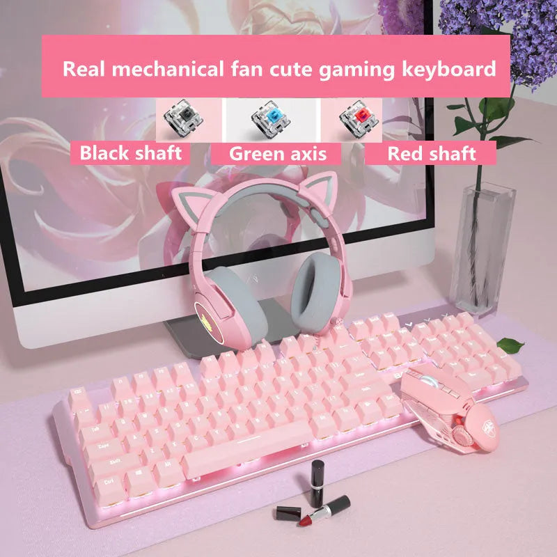 Pink mechanical gaming keyboard and wired mouse set with USB connectivity