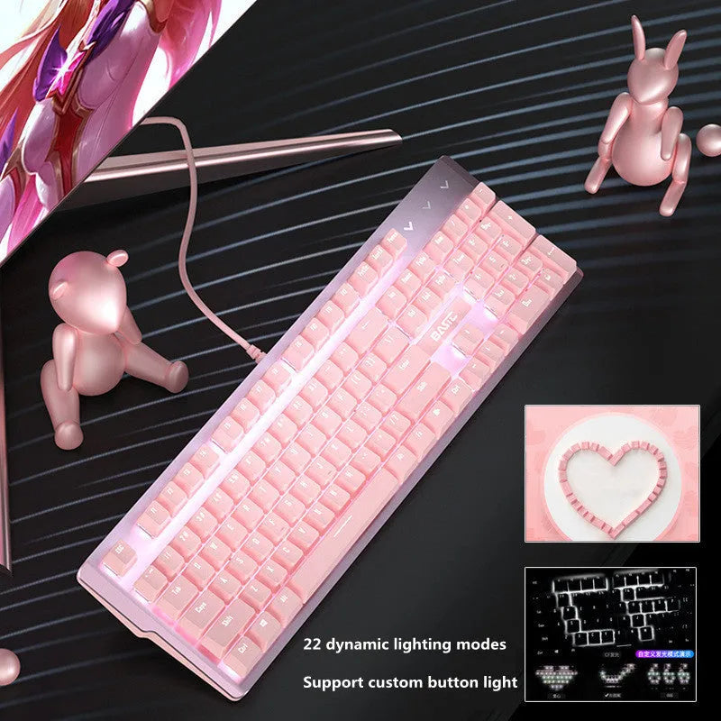 Pink mechanical gaming keyboard and wired mouse set with USB connectivity