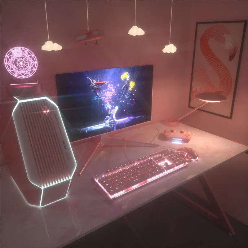 Pink mechanical gaming keyboard and wired mouse set with USB connectivity