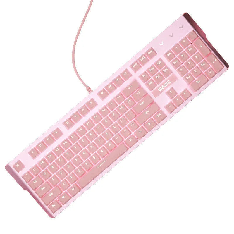 Pink mechanical gaming keyboard and wired mouse set with USB connectivity