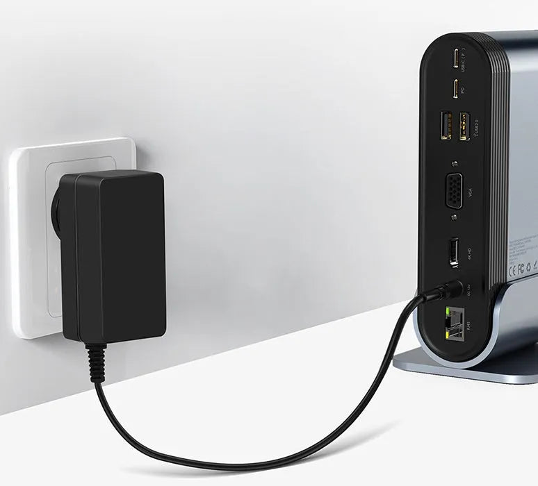 Deep space grey 16-in-1 USB-C docking station with multiple ports and external power supply