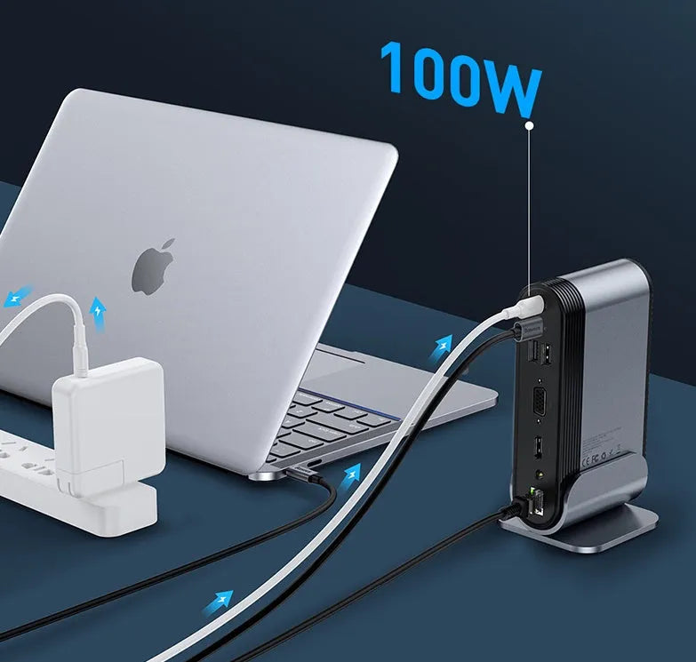 Deep space grey 16-in-1 USB-C docking station with multiple ports and external power supply
