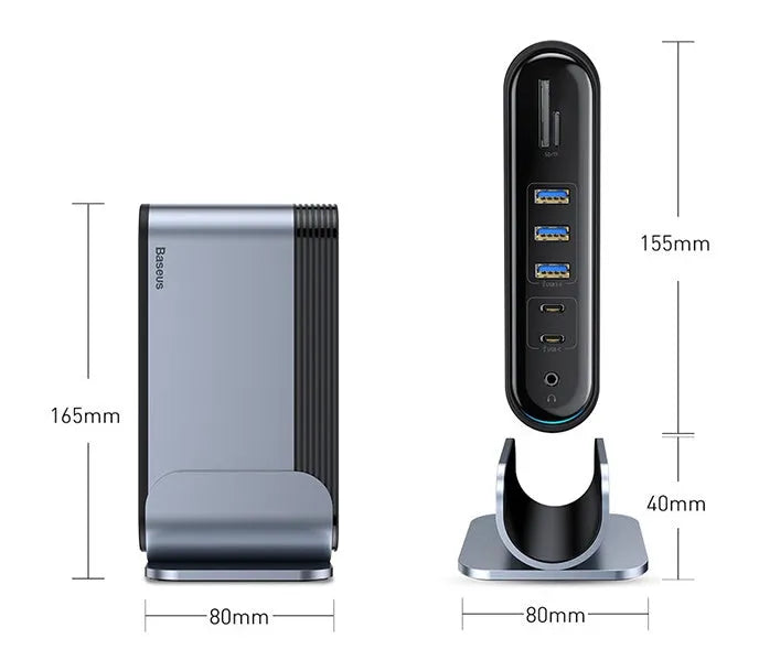 Deep space grey 16-in-1 USB-C docking station with multiple ports and external power supply