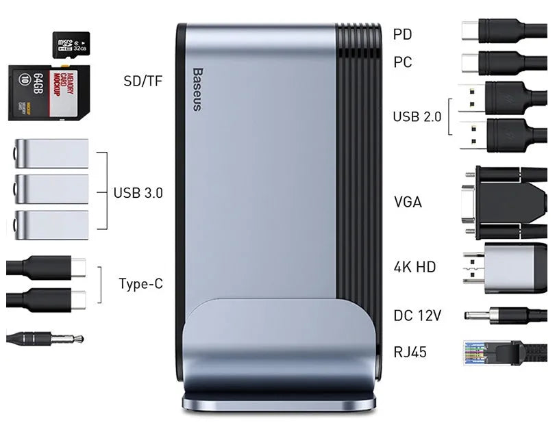Deep space grey 16-in-1 USB-C docking station with multiple ports and external power supply