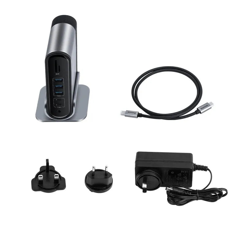 Deep space grey 16-in-1 USB-C docking station with multiple ports and external power supply