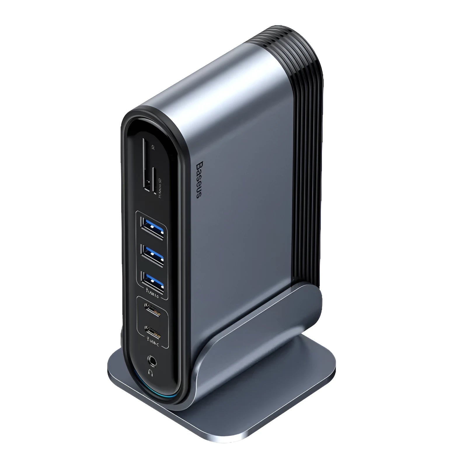 Deep space grey 16-in-1 USB-C docking station with multiple ports and external power supply