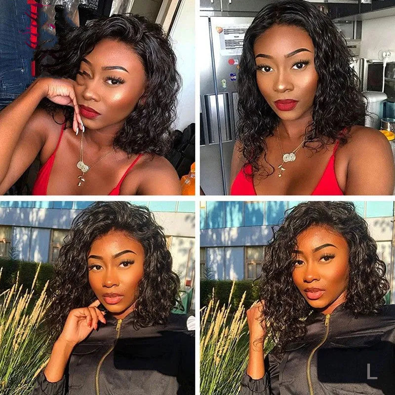 European American short curly black wig with oblique bangs medium fibre headgear