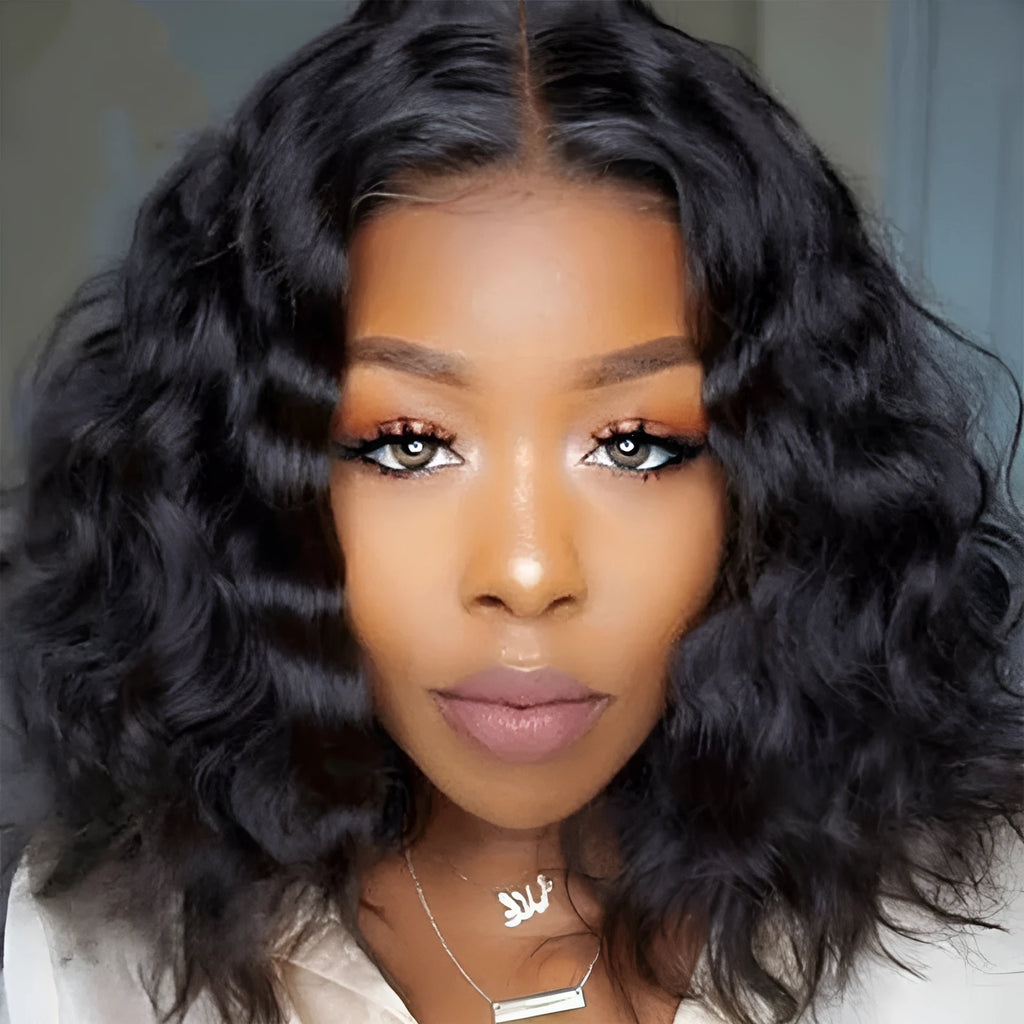 European American short curly black wig with oblique bangs medium fibre headgear