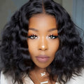 European American short curly black wig with oblique bangs medium fibre headgear