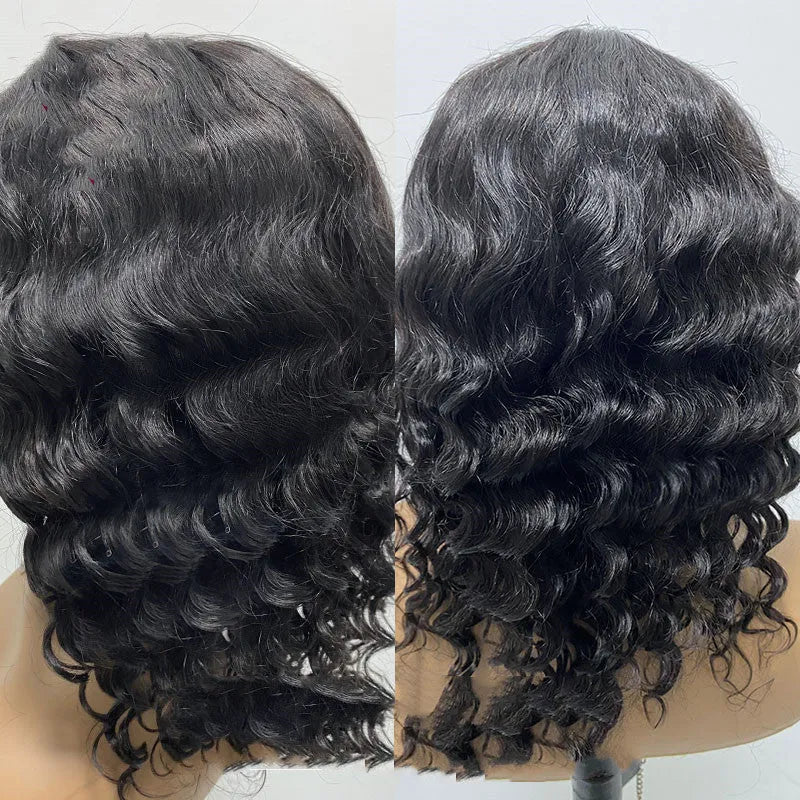 European American short curly black wig with oblique bangs medium fibre headgear