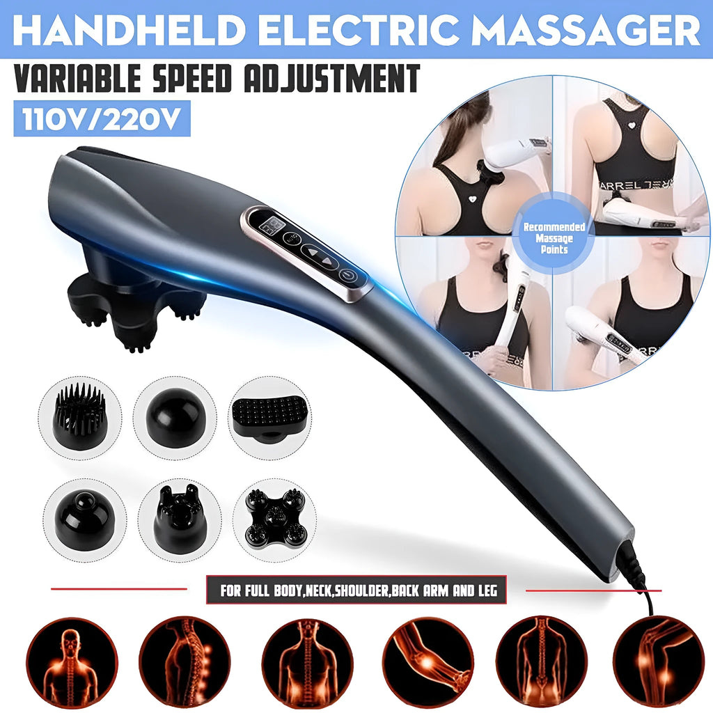 Electric handheld massager with six heads on white background showing body kneading design