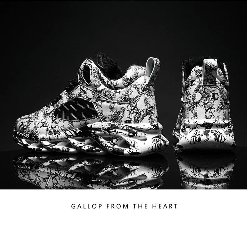 Men's high-top basketball shoes in camouflage pattern with rubber sole