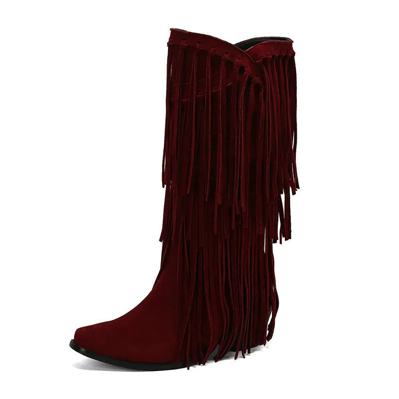 Women's suede knee-high boots with a chunky heel, square toe, and waterproof platform in multiple colours.