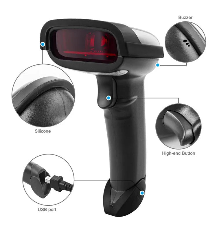 Black wireless handheld barcode scanner with USB interface, dimensions 168.8 x 69.5 x 99.5 mm