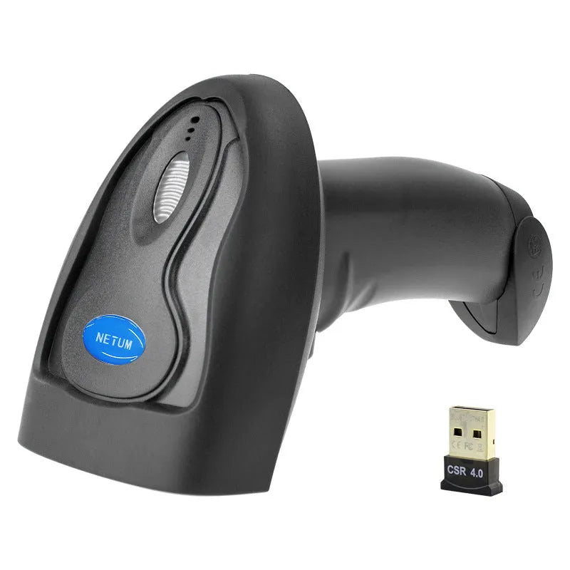Black wireless handheld barcode scanner with USB interface, dimensions 168.8 x 69.5 x 99.5 mm