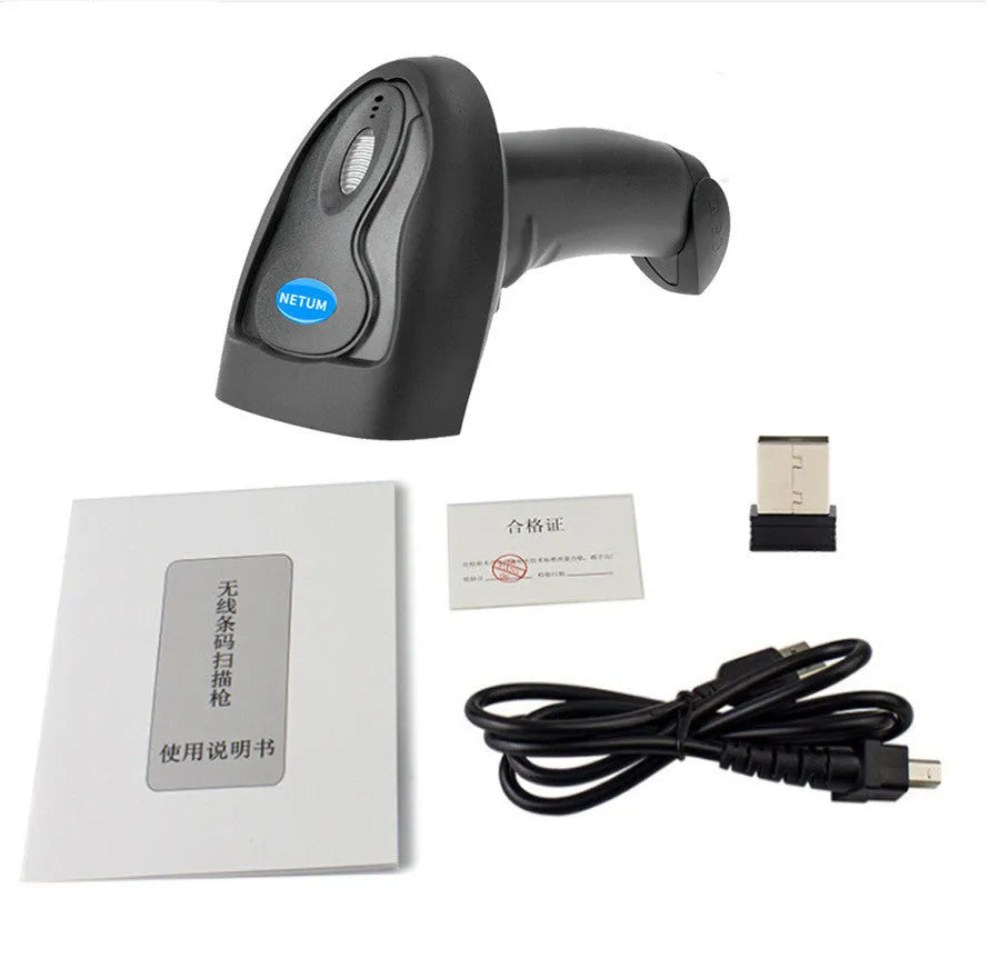 Black wireless handheld barcode scanner with USB interface, dimensions 168.8 x 69.5 x 99.5 mm