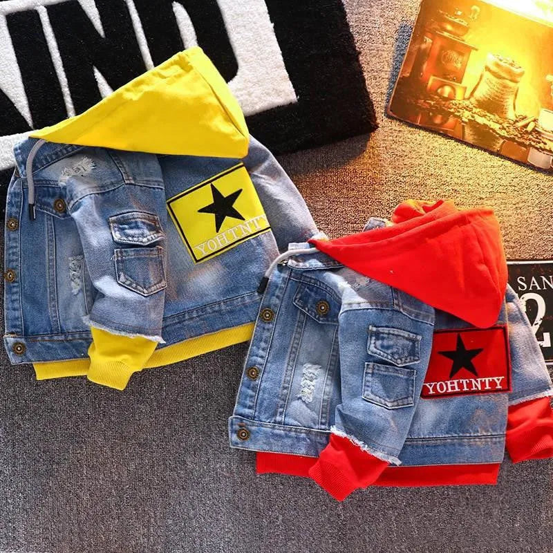 Boys denim jacket in spring autumn style, rabbit fur fabric, red and yellow colour options, sizes 100-140