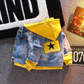 Boys denim jacket in spring autumn style, rabbit fur fabric, red and yellow colour options, sizes 100-140