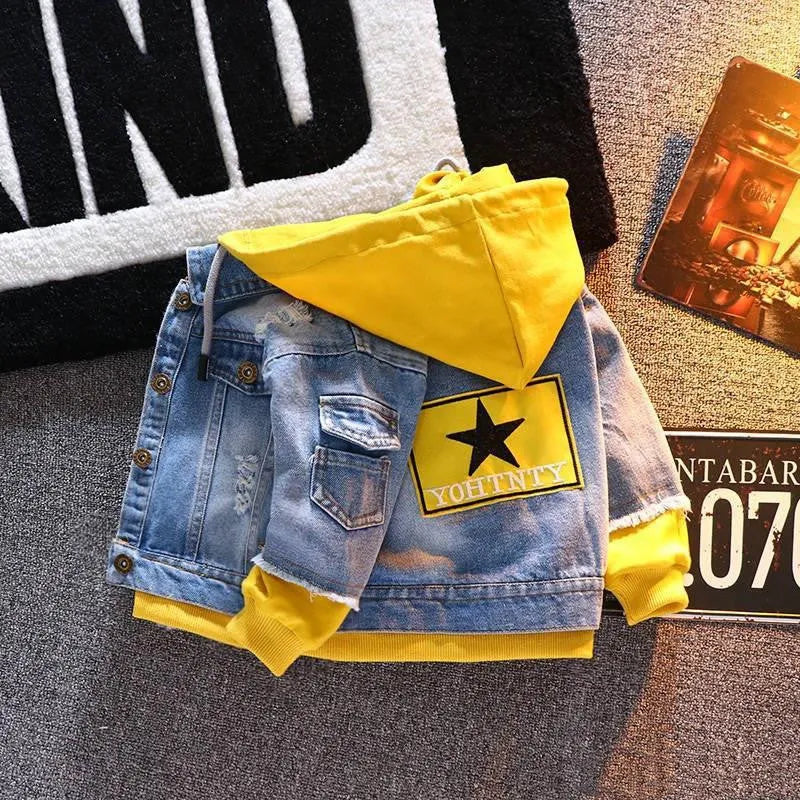 Boys denim jacket in spring autumn style, rabbit fur fabric, red and yellow colour options, sizes 100-140