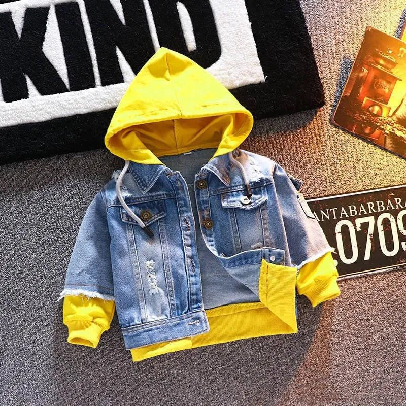 Boys denim jacket in spring autumn style, rabbit fur fabric, red and yellow colour options, sizes 100-140