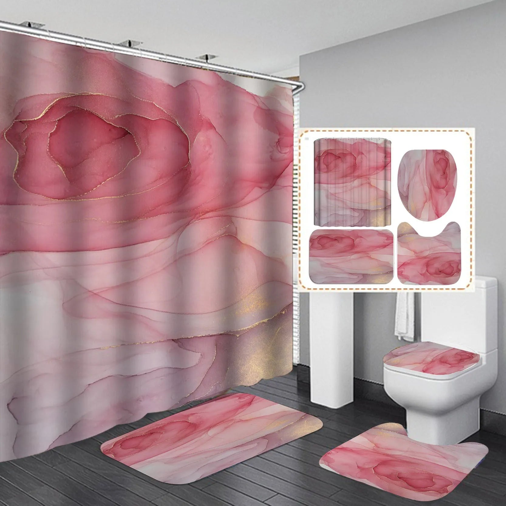 3D art geometric shower curtain set including waterproof polyester curtain with flannel bath mats and U-shaped mat for bathroom decor