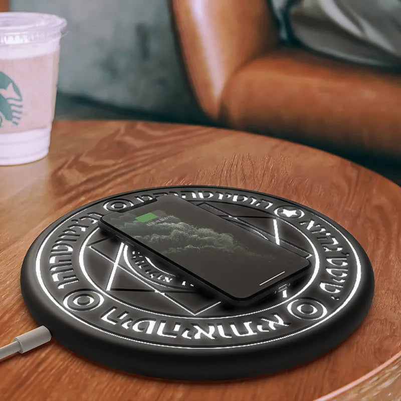 Square wireless phone charger with glowing magic array pattern measuring 25cm with thin 1.5cm profile