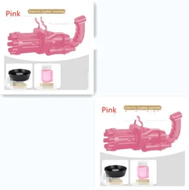 Kids handheld bubble machine gun toy in pink, gold, or black colours with removable bubble head.