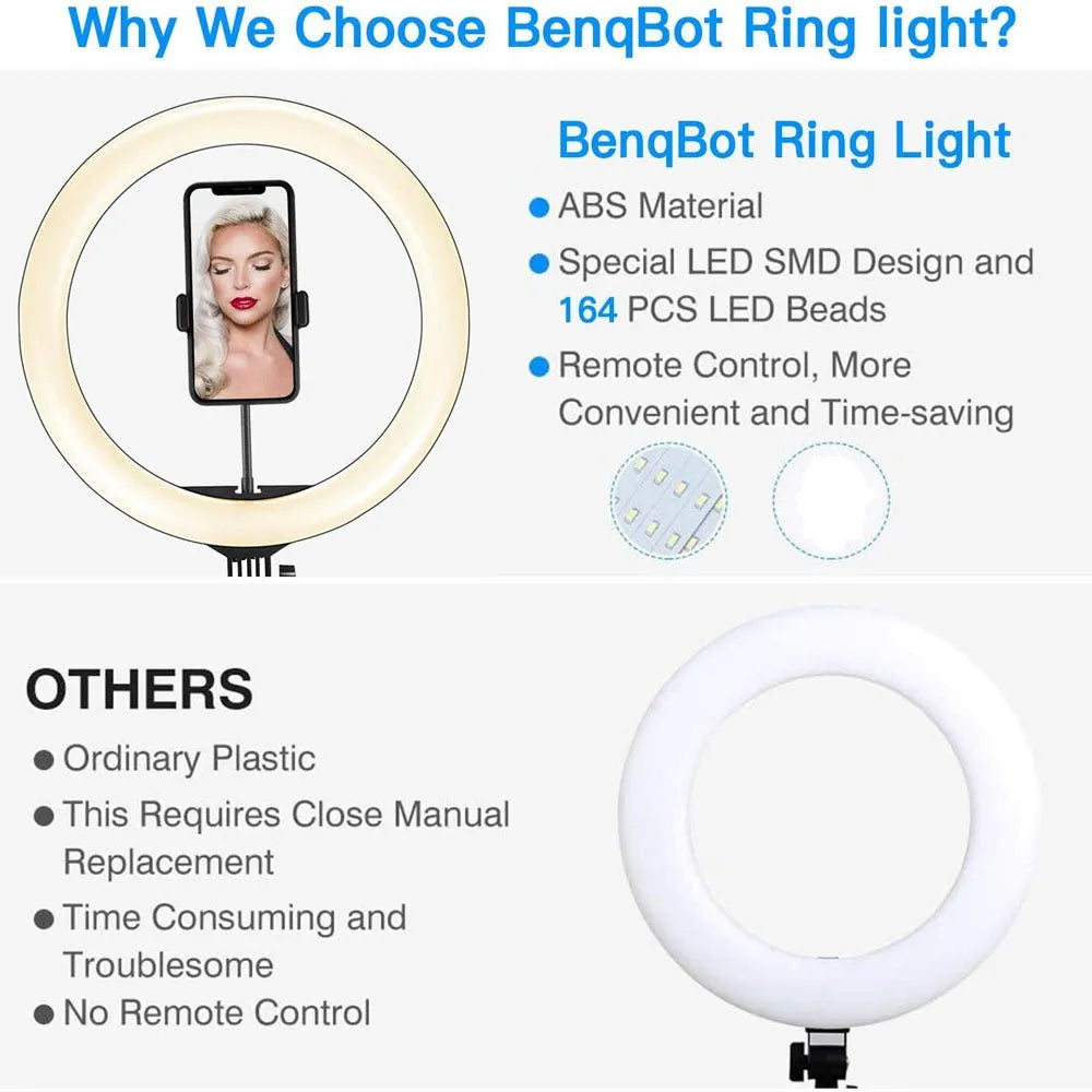 10-inch USB ring light with 160cm adjustable tripod, white and warm lighting modes, and phone holder