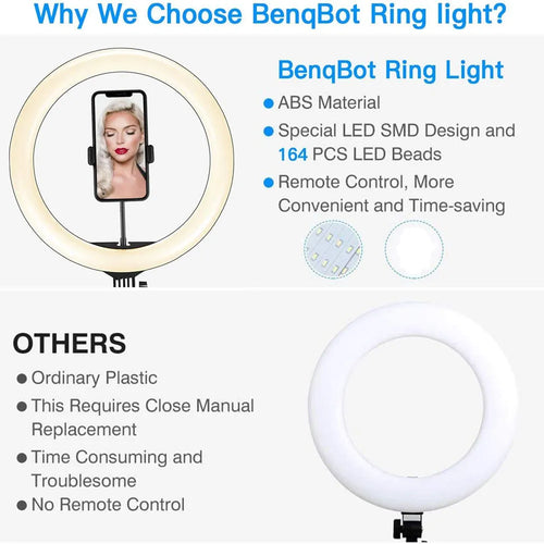 10-inch USB ring light with 160cm adjustable tripod, white and warm lighting modes, and phone holder