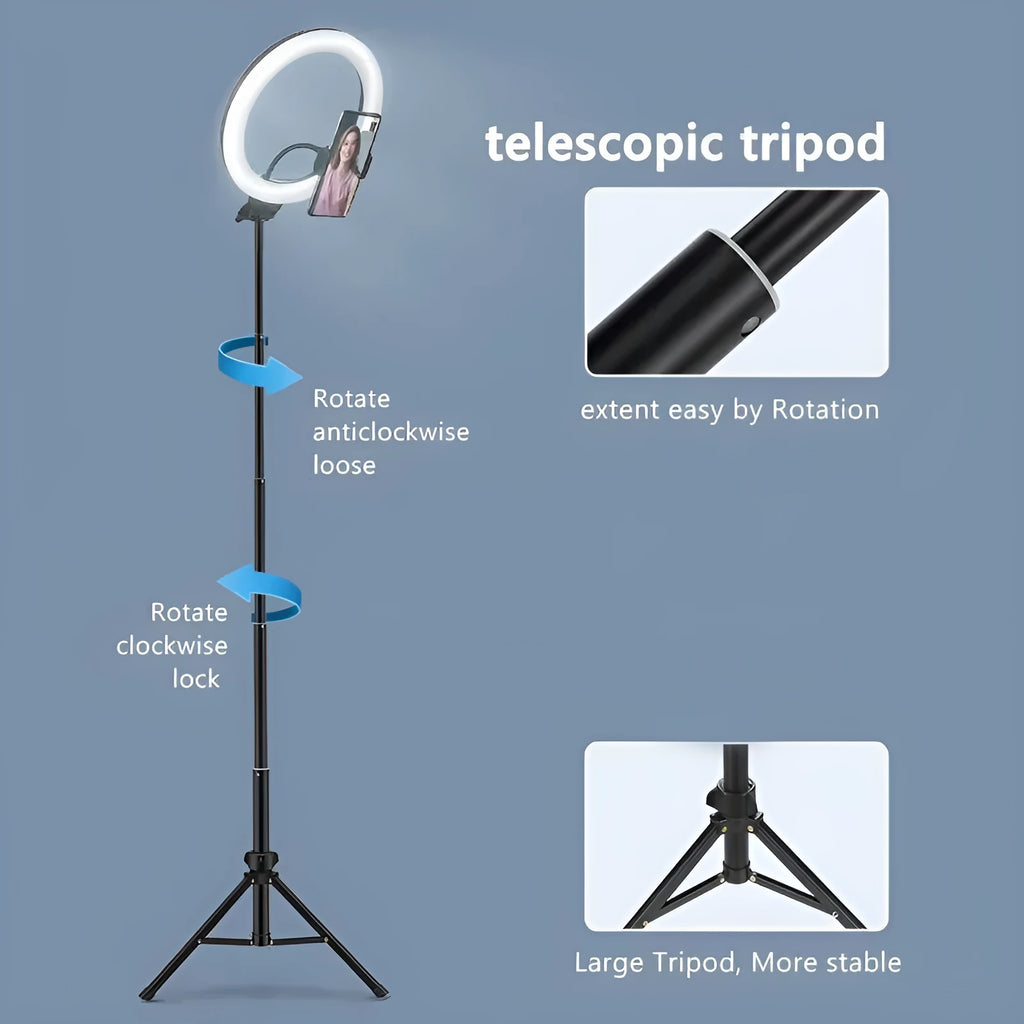 10-inch USB ring light with 160cm adjustable tripod, white and warm lighting modes, and phone holder