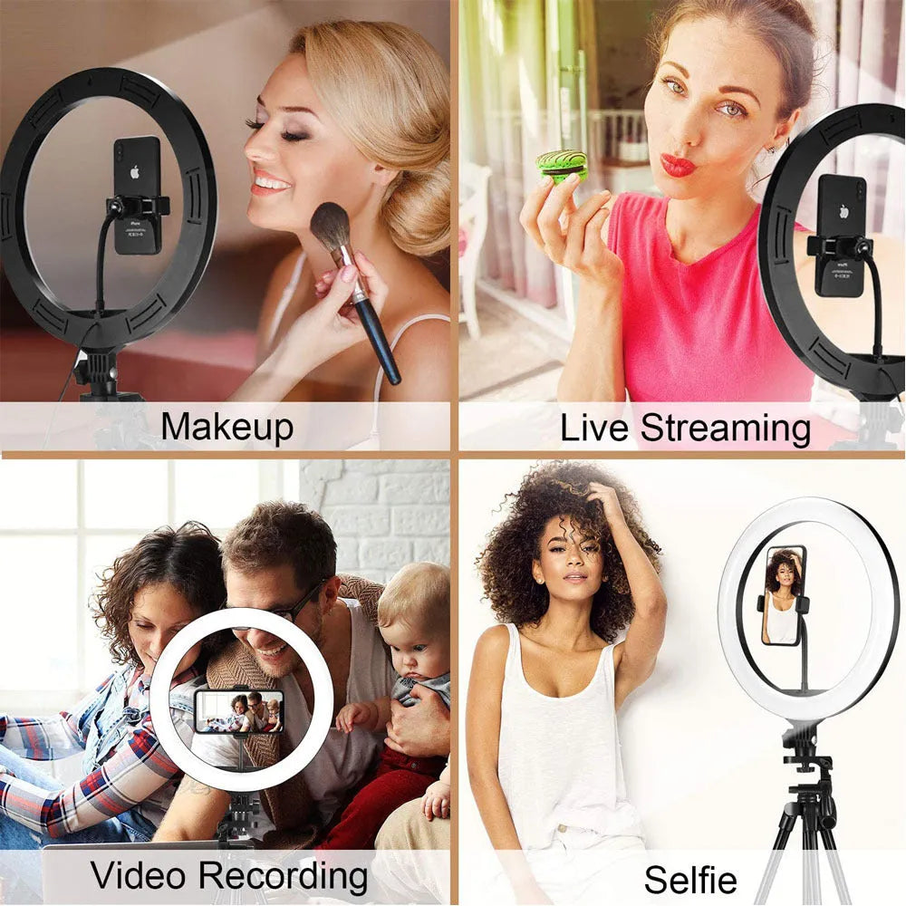 10-inch USB ring light with 160cm adjustable tripod, white and warm lighting modes, and phone holder