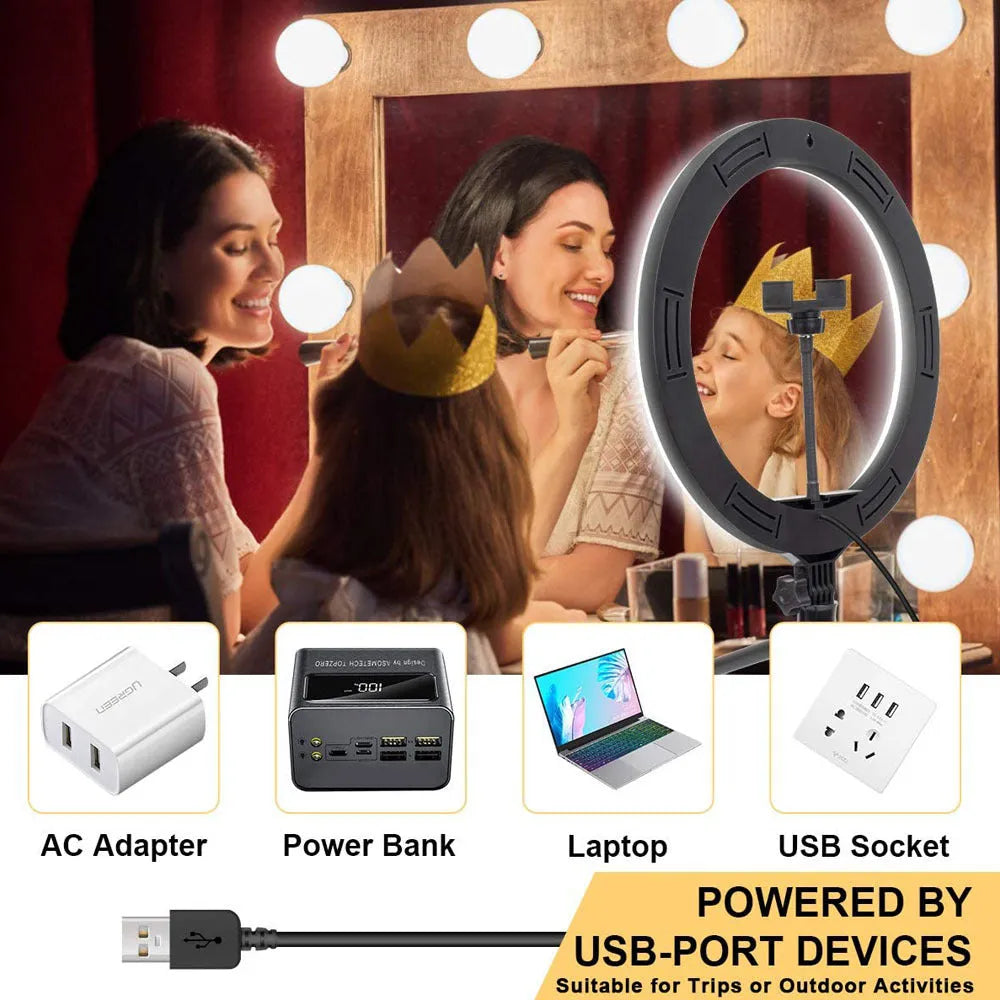 10-inch USB ring light with 160cm adjustable tripod, white and warm lighting modes, and phone holder