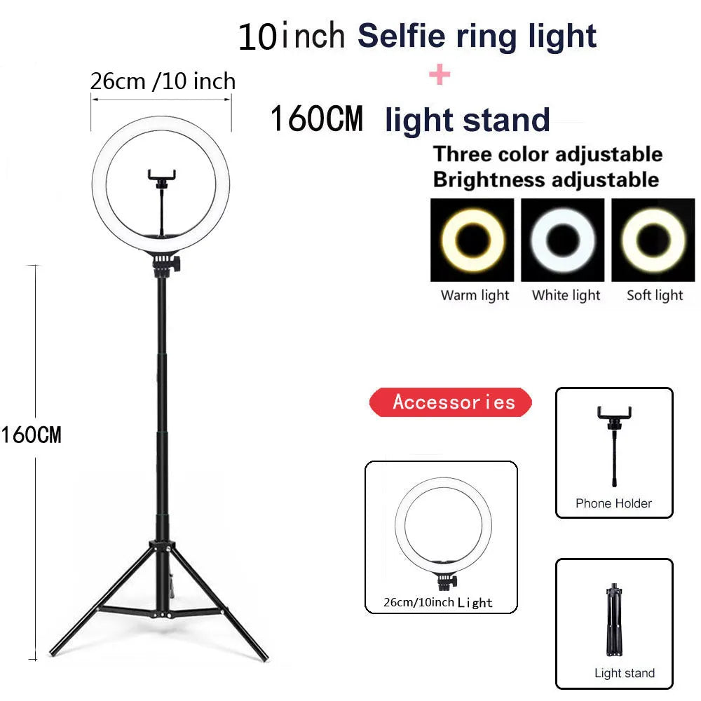 10-inch USB ring light with 160cm adjustable tripod, white and warm lighting modes, and phone holder