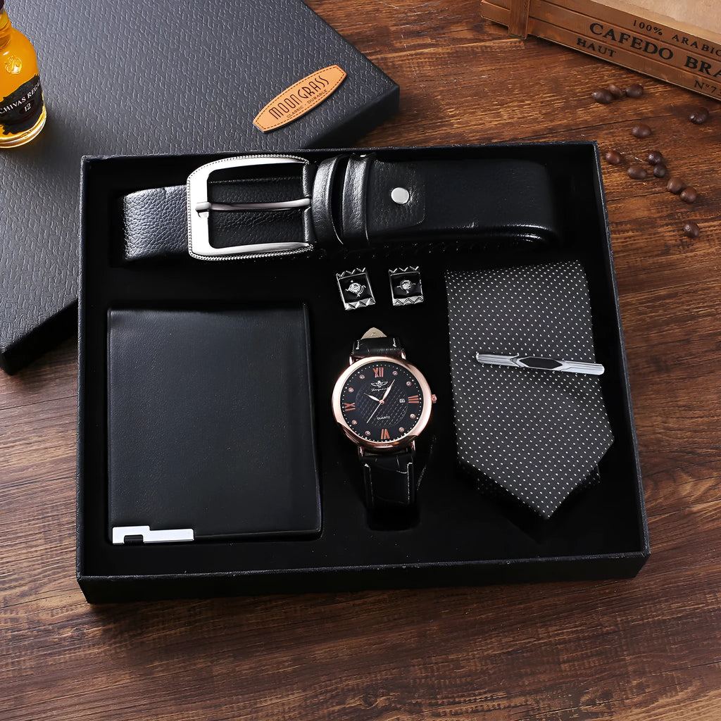 New quartz wristwatch gift set for men with titanium alloy strap black 45mm dial includes wallet tie and cufflinks