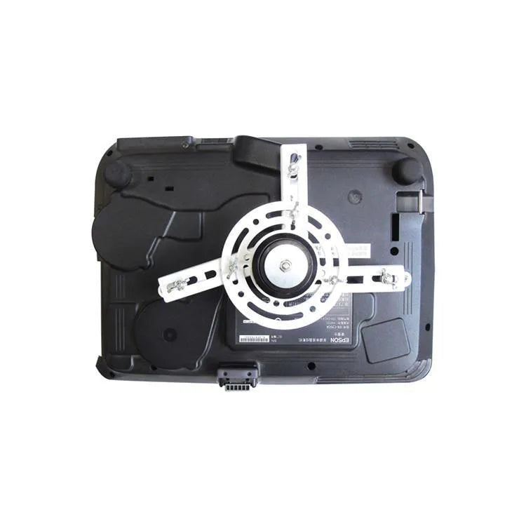 Electric ceiling-mount projector bracket with ultra-thin chassis and wireless remote control on a white background.