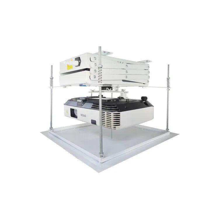 Electric ceiling-mount projector bracket with ultra-thin chassis and wireless remote control on a white background.
