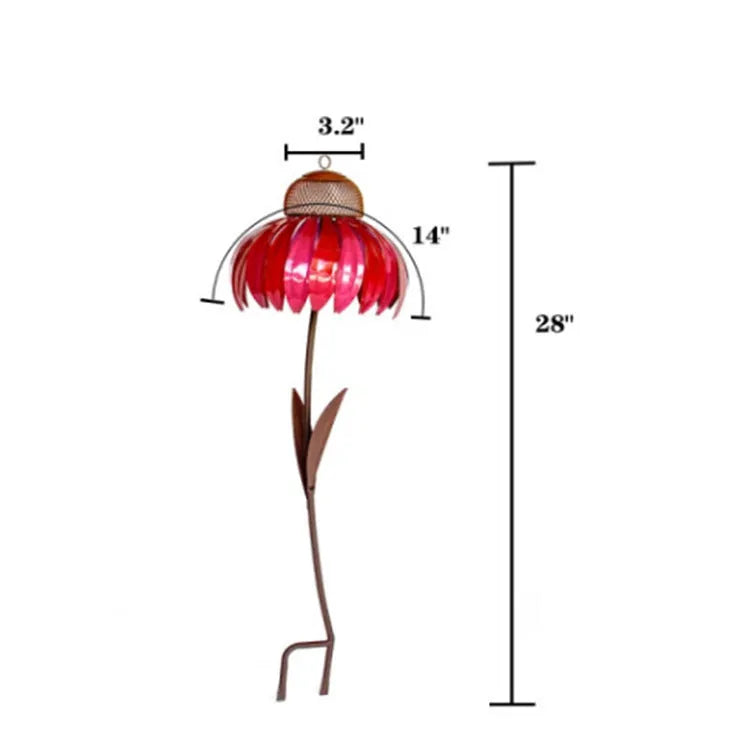 Wire garden petal shape bird feeder in red with 78cm length and 10cm bowl width for outdoor hanging use