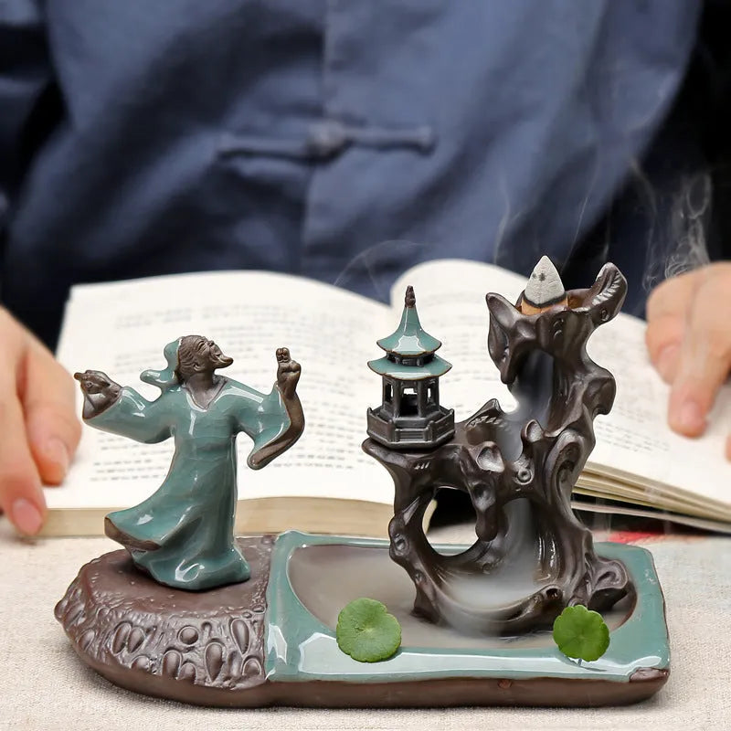 Ge Kiln ceramic backflow incense burner in Chinese style for tea table decoration