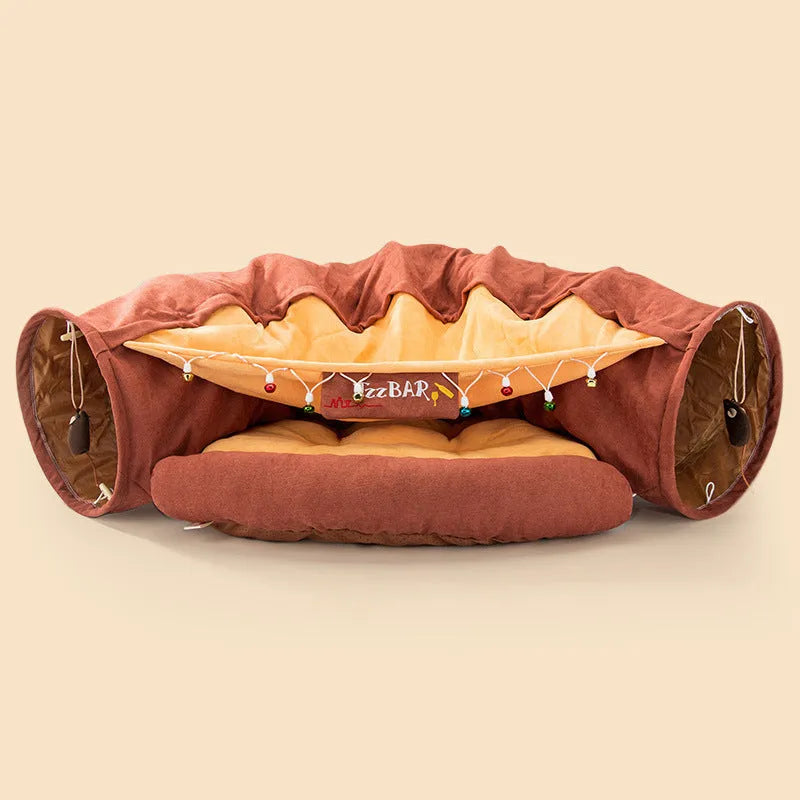 Collapsible cloth cat tunnel for play, shown in one of four colours: Bar, Coffee, Matcha, or Pink.