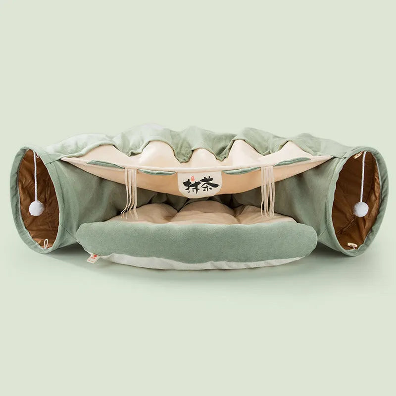 Collapsible cloth cat tunnel for play, shown in one of four colours: Bar, Coffee, Matcha, or Pink.