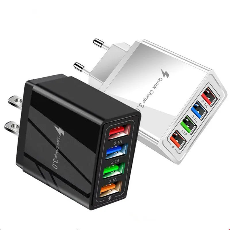 Dark blue 4-port USB wall charger with EU plug next to mobile phone
