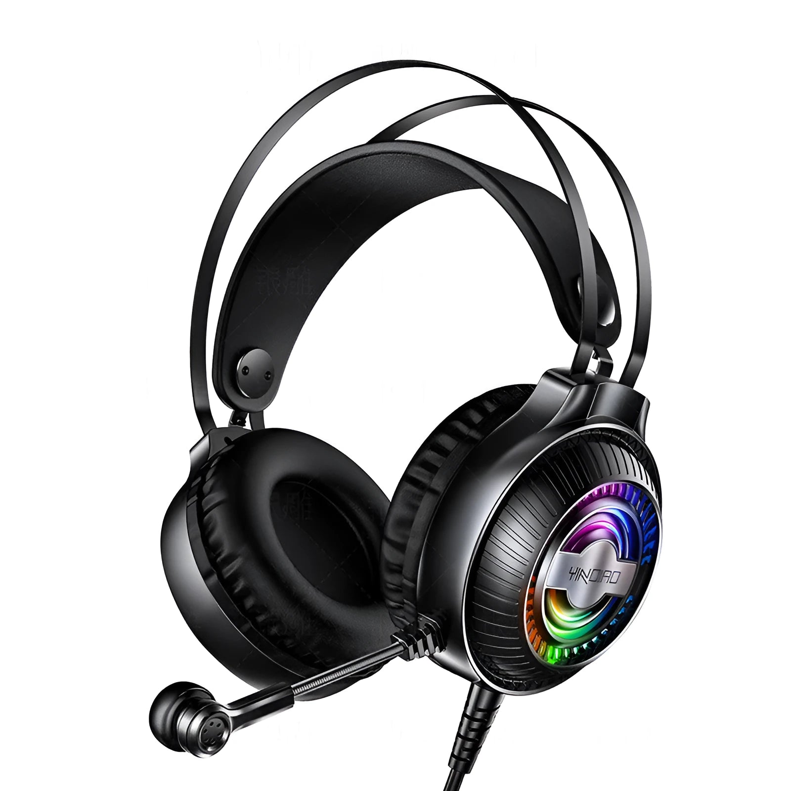 Black wired computer headset with microphone and protein earmuffs showing 3.5mm plug