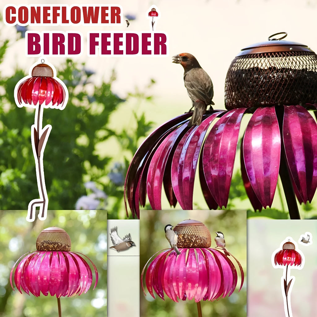 Wire garden petal shape bird feeder in red with 78cm length and 10cm bowl width for outdoor hanging use