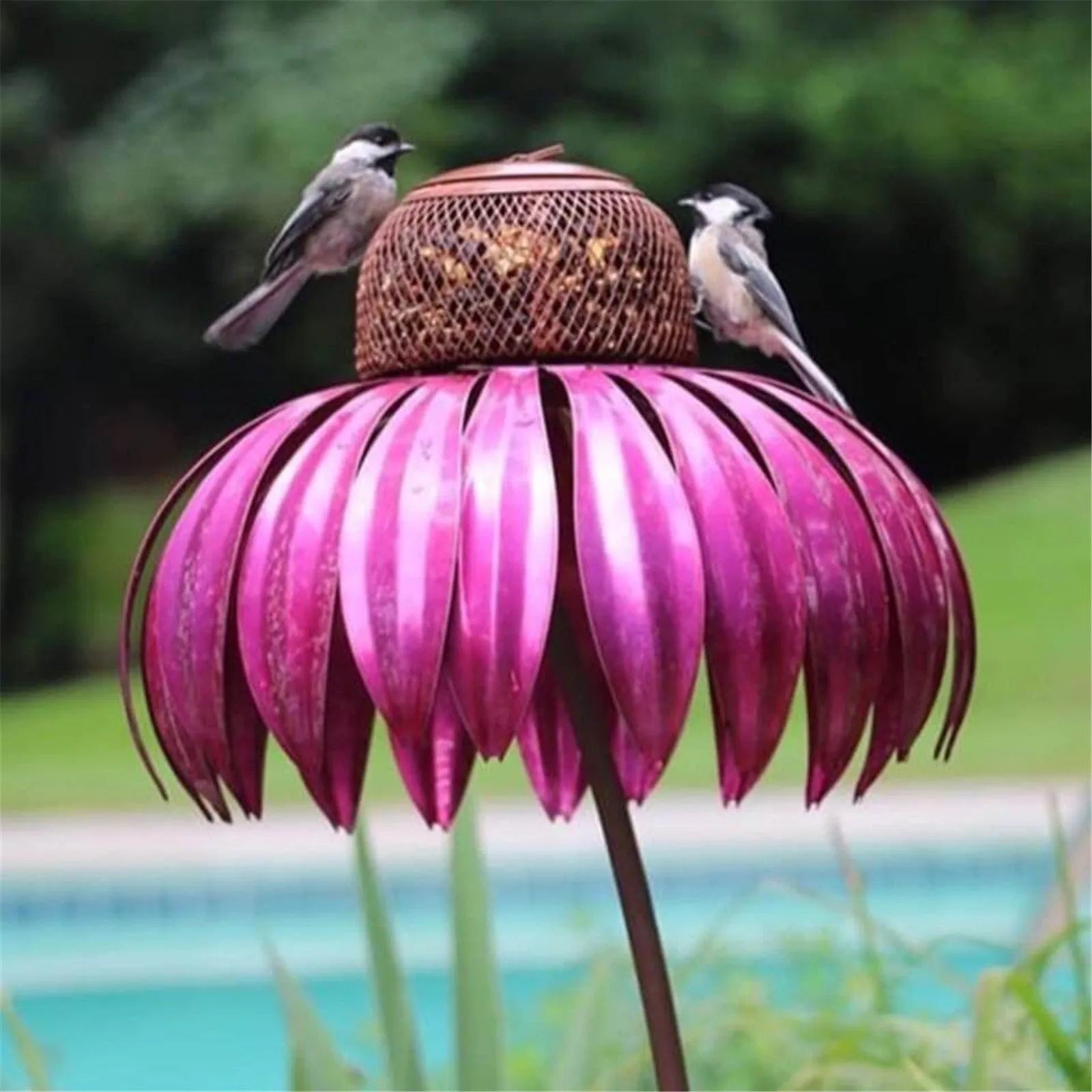 Wire garden petal shape bird feeder in red with 78cm length and 10cm bowl width for outdoor hanging use