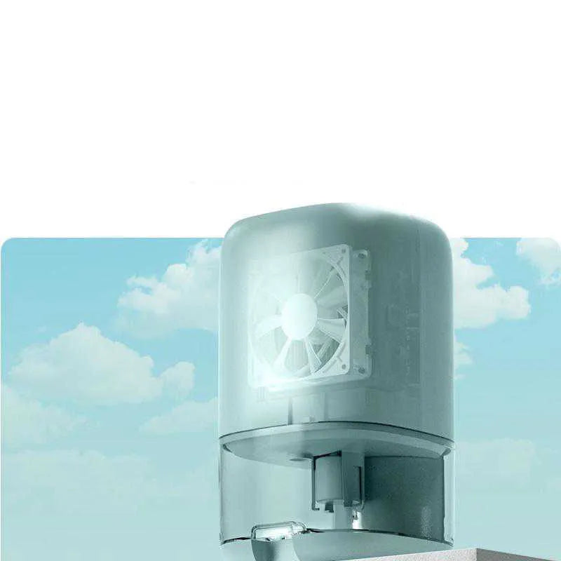 Portable mini dehumidifier in blue colour with 0.7L water tank and international power plugs.