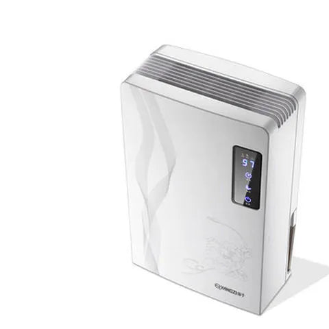 White compact household dehumidifier with 2.2L water tank and electronic control panel