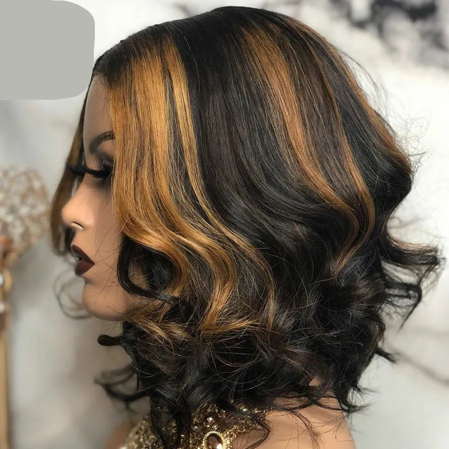 Short curly women's synthetic wig in mid-point black and brown with long bangs